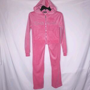 Bebe Velour Tracksuit Small Hot Pink Bling Cropped Y2K Top n Bottom
